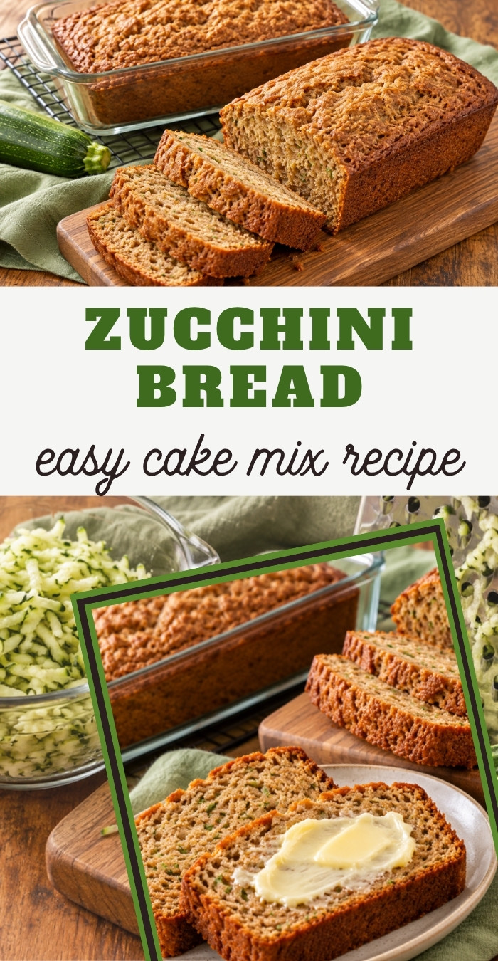 Zucchini Bread easy cake mix recipe, sliced loaf and buttered slices