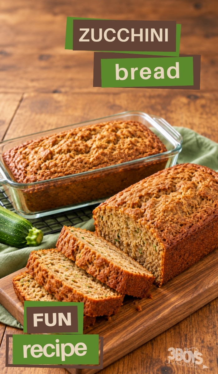Zucchini bread fun recipe, sliced loaf on a wooden board