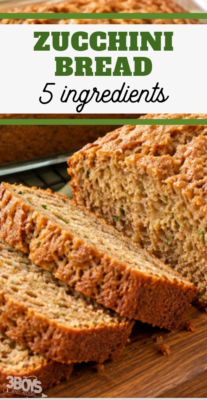 Zucchini Bread 5 ingredients, sliced loaf on a wooden board