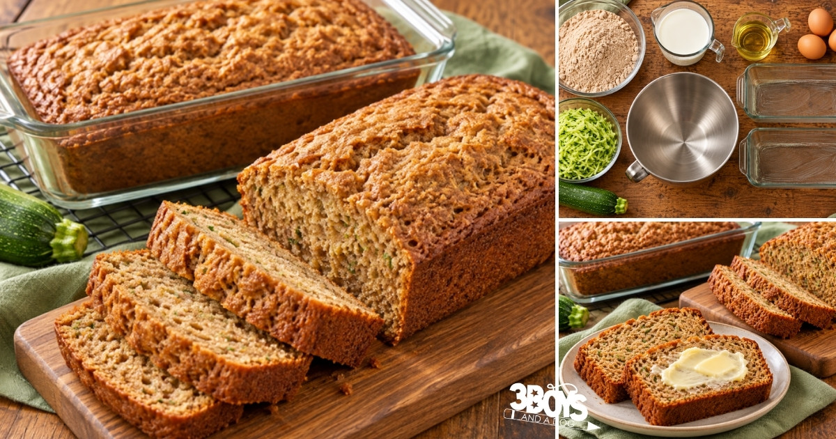 Cake mix zucchini bread sliced on a board, the ingredients, and a buttered slice
