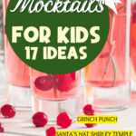 Cranberry mocktails with rosemary and a green circle reading Christmas Mocktails for Kids, 17 ideas, listing Grinch Punch, Santa's Hat Shirley Temple and Peppermint Mocktail