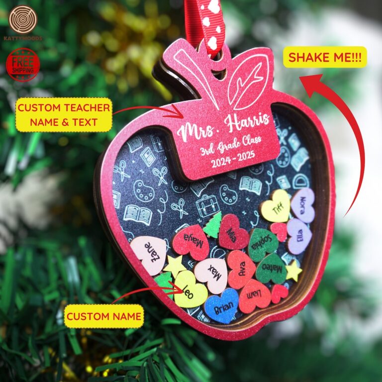 Personalized wooden teacher apple shaker ornament with student names