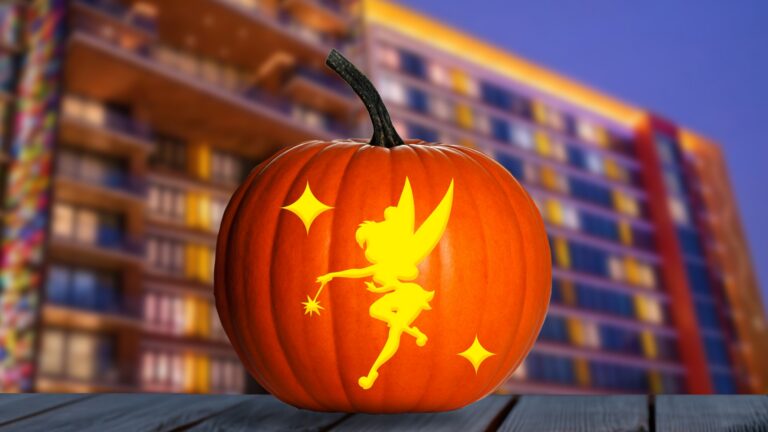 Carved Disney character jack-o-lanterns made with free Disney pumpkin stencils
