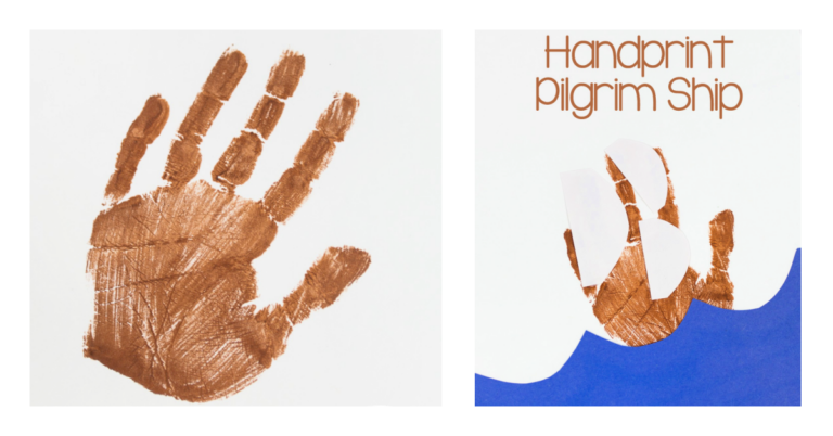 Handprint Mayflower ship card with paper sails and blue waves