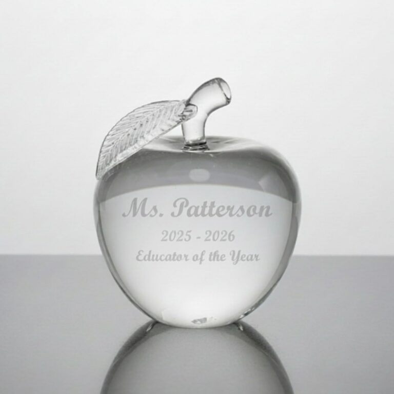 Clear 4 inch engraved crystal apple paperweight for a teacher