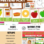Fall pretend play pin with apple stand and pumpkin patch printables and a list of fall dramatic play setups for home or class
