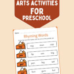 Free printable Fall Language Arts Activities for Preschool pin showing the Rhyming Words worksheet with pumpkin pie word cards