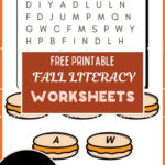 Free Printable Fall Literacy Worksheets pin with a sight word search and a vowels and consonants page, badge reads ABCs and Rhymes