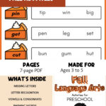Free Fall ABC Pages pin: 7-page PDF for ages 3 to 5 with missing letters, letter recognition, vowels and consonants, rhyming words and sight words
