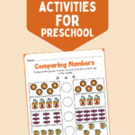 Free Printable Fall Math Activities for Preschool pin showing a Comparing Numbers worksheet with fall treats