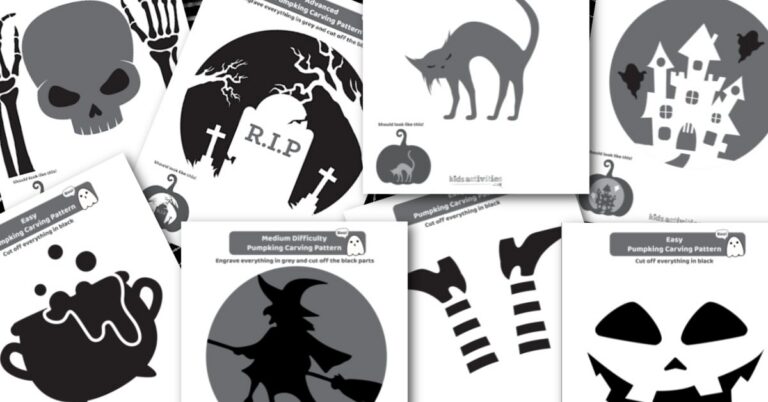 Twelve printable pumpkin carving stencils for kids, from easy to advanced