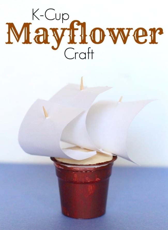 Mini Mayflower ships made from painted K-cups with toothpick sails