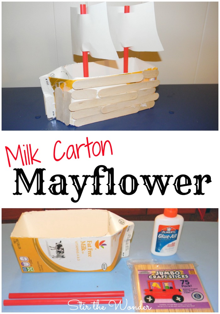 Mayflower ship made from a milk carton covered in craft sticks