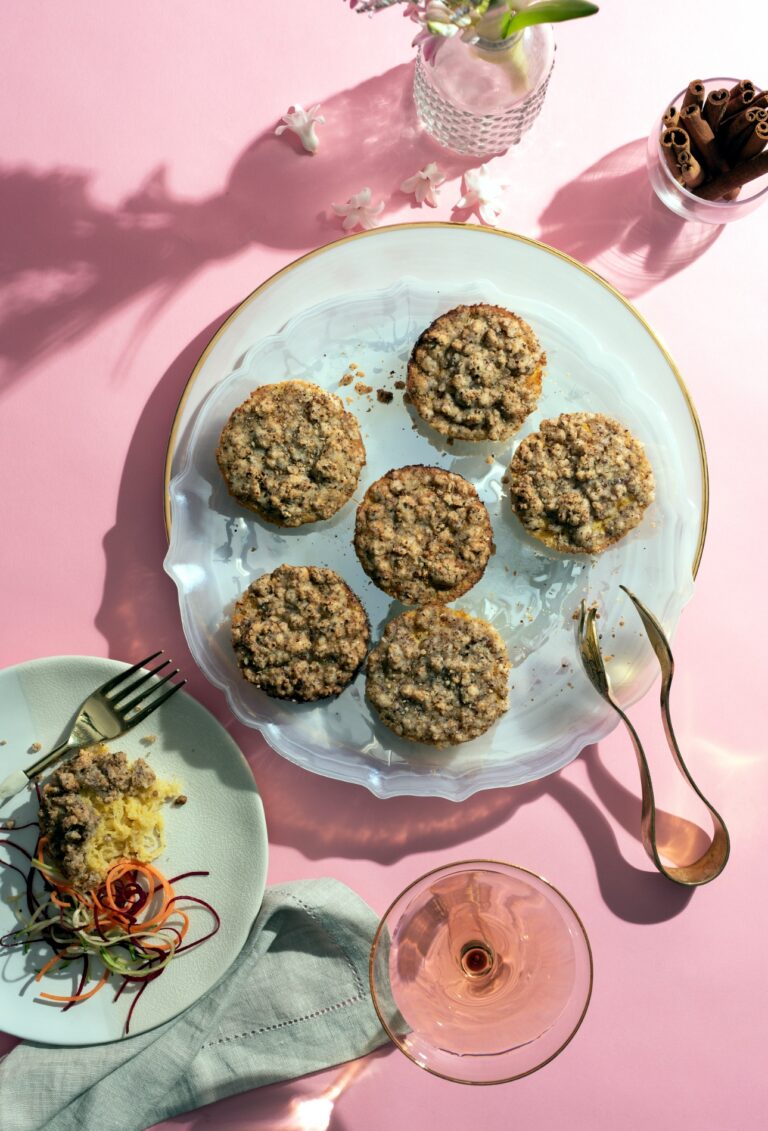 Spaghetti squash kugel muffins with apple and a maple walnut crumb topping