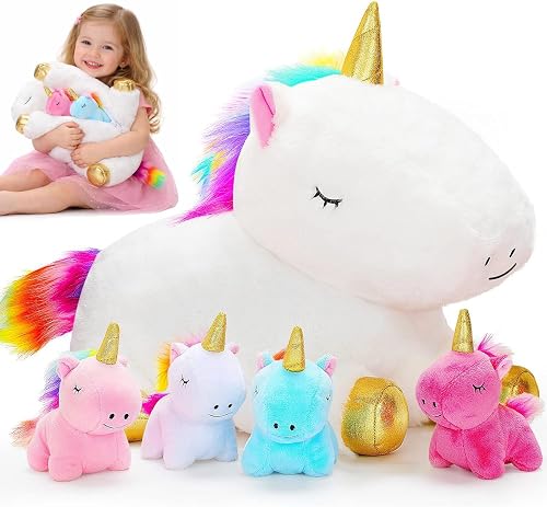 Mommy unicorn plush with four baby unicorns