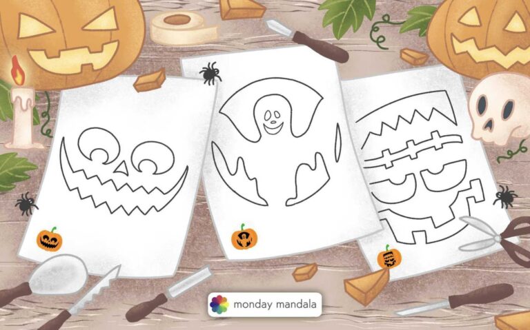 Collection of free printable pumpkin carving stencils in cute and spooky styles