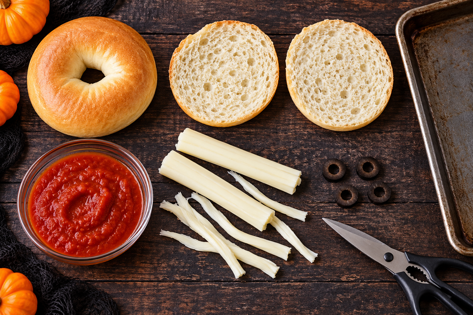 Ingredients for mummy face pizzas on a baking sheet: a whole bagel and two halves, a bowl of pizza sauce, string cheese pulled into strips, sliced black olives and kitchen shears