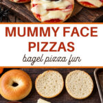 Mummy face bagel pizzas with string cheese bandages and olive eyes, an easy Halloween snack