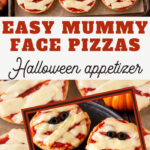 Halloween mummy pizzas made on bagel halves with pizza sauce and string cheese