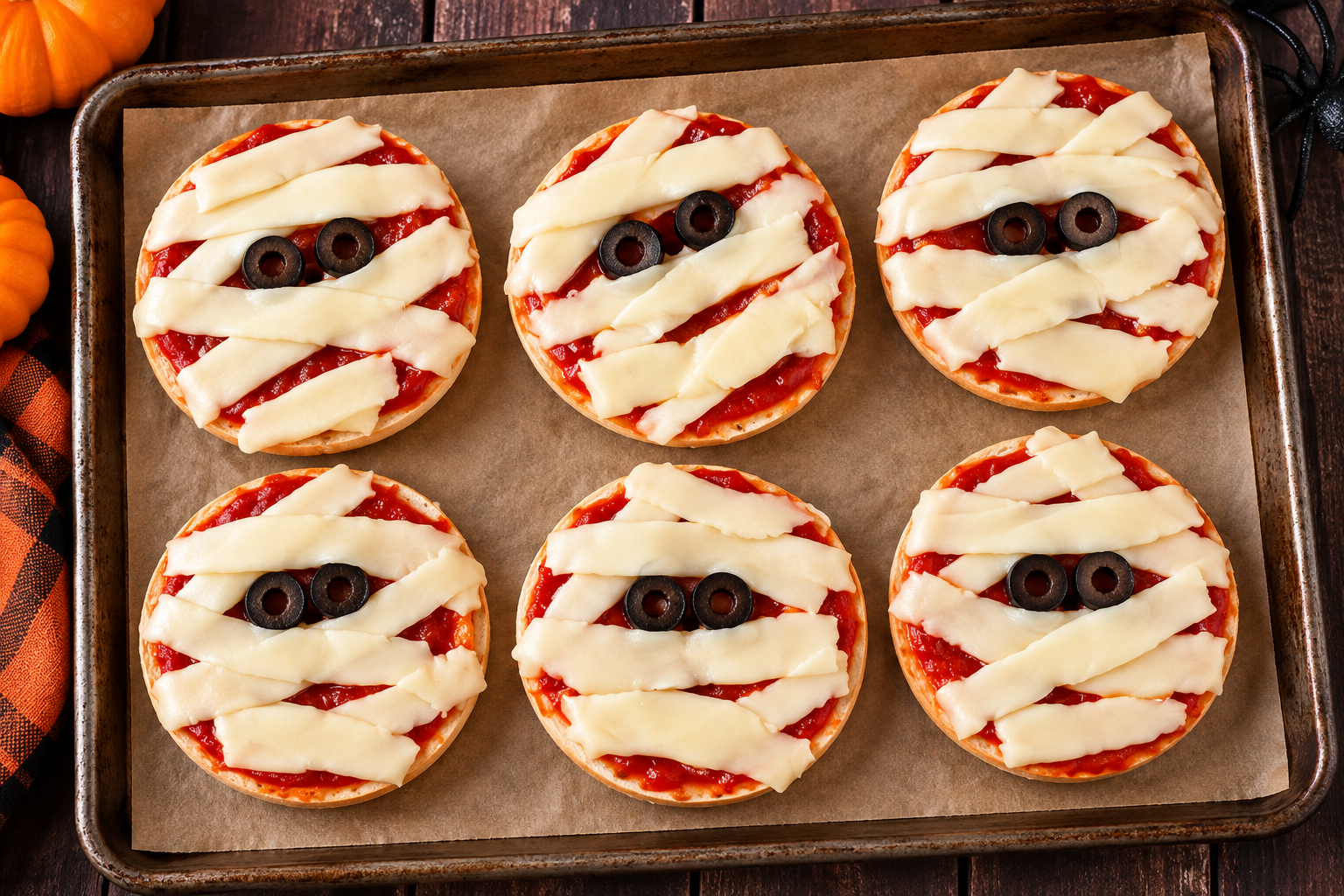 Six assembled mummy face pizzas on a baking sheet with string cheese strips crisscrossed and olive eyes in place, ready for the oven