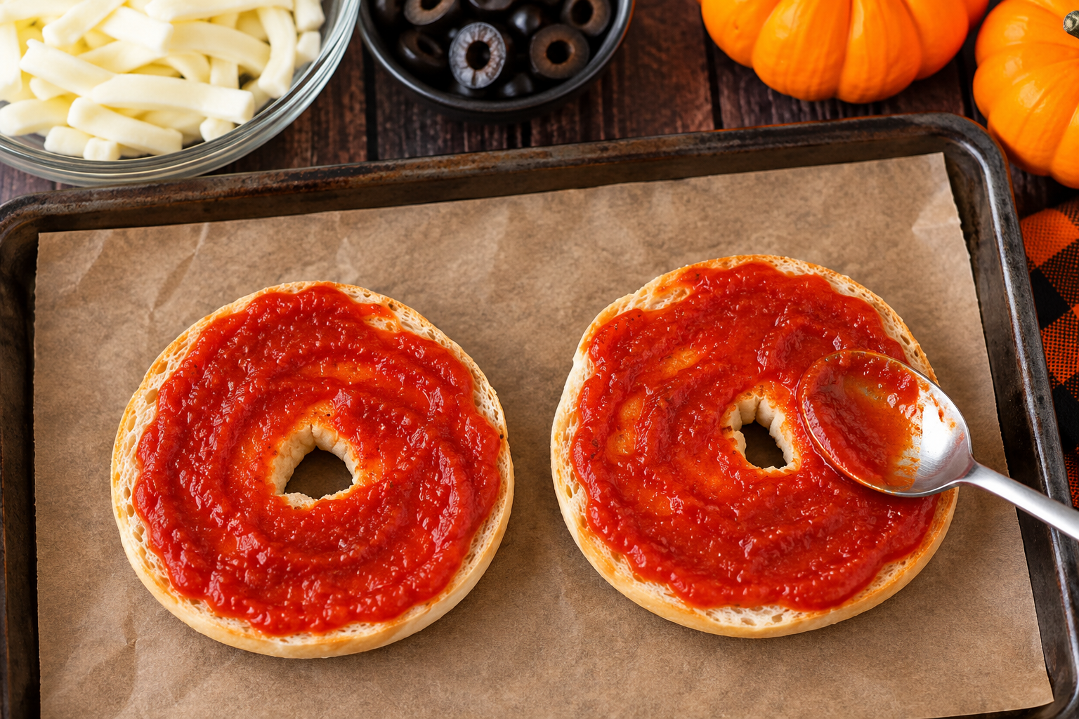 Pizza sauce being spread over two bagel halves on a parchment lined baking sheet