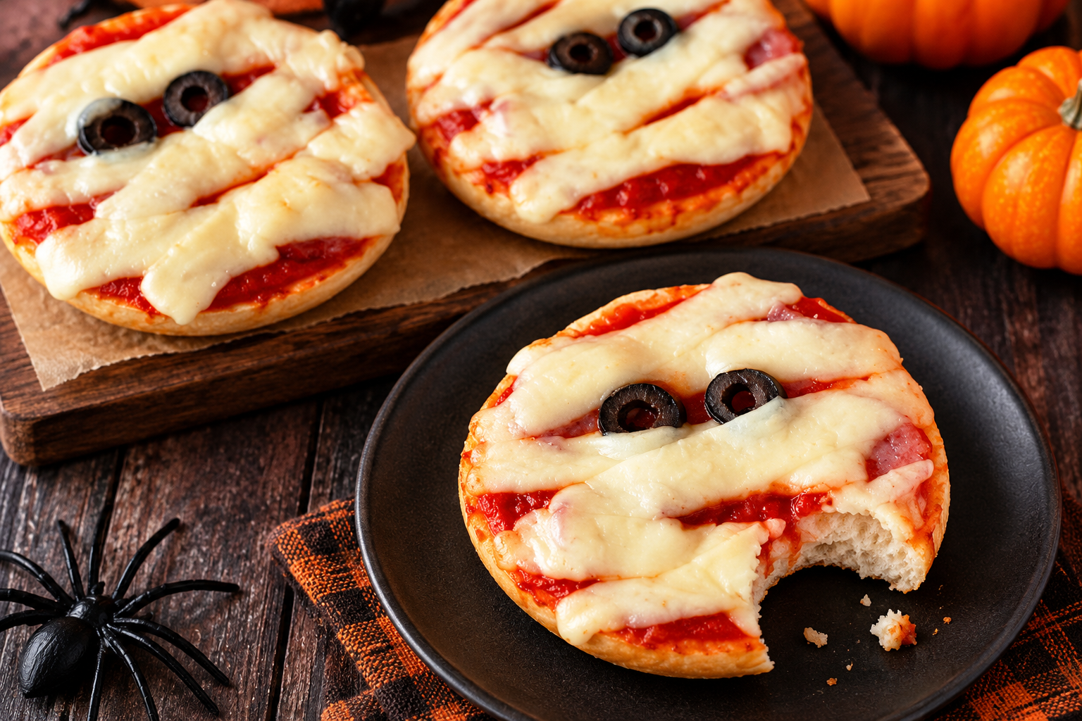 A baked mummy face pizza on a dark plate with a bite taken out, the melted cheese bandages still white