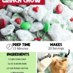 Grinch puppy chow close up with ingredient list, 15 minute prep time and 20 servings, text No-Bake Grinch Chow