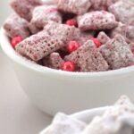 Pink puppy chow party snack