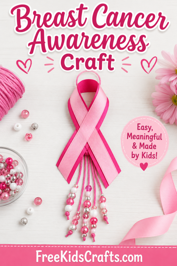Pink ribbon wall hanging with beaded pink and white cords for breast cancer awareness