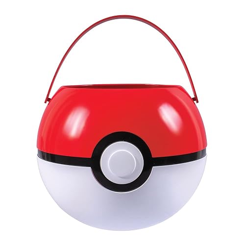 Pokemon Poke Ball trick-or-treat pail with red and white molded plastic and a carry handle