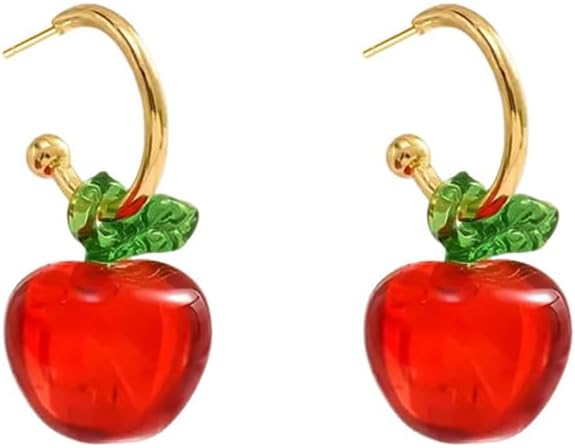 3D red apple dangle earrings with green leaf accents