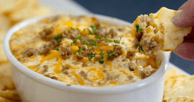 Easy sausage cheese dip with cream cheese and cheddar