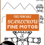 Scarecrow tracing lines and do a dot worksheets behind an orange box reading Free Printable Scarecrow Fine Motor, with a badge reading Trace, Dot and Cut