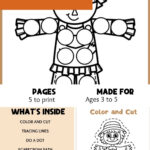 Do a dot scarecrow worksheet above a list of what is inside the scarecrow fine motor pack: color and cut, tracing lines, do a dot, scarecrow path, color and trace, made for ages 3 to 5