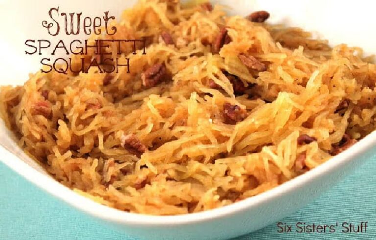 Sweet spaghetti squash tossed with butter, brown sugar, cinnamon and chopped pecans