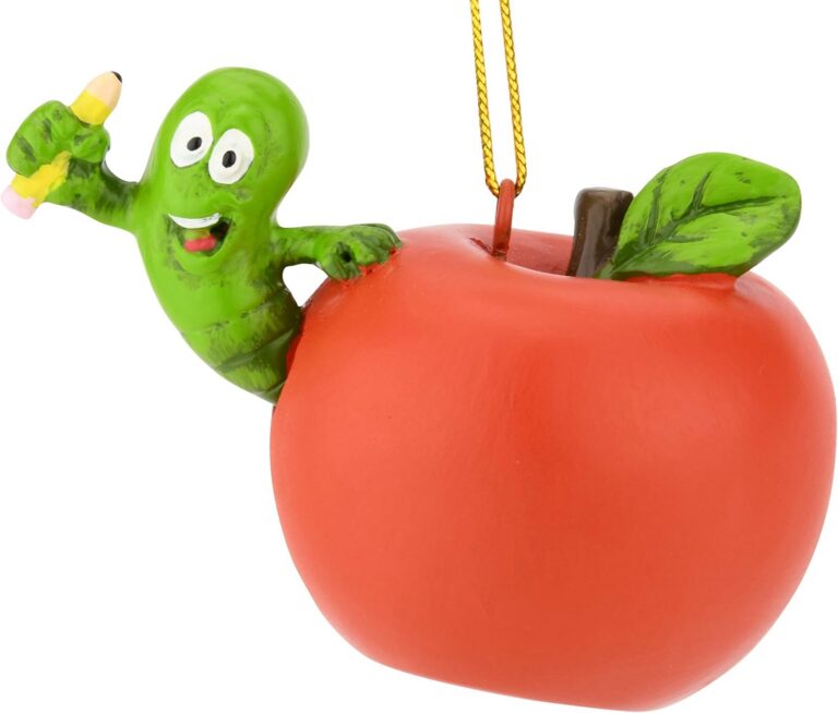 Resin apple Christmas ornament with a worm holding a pencil