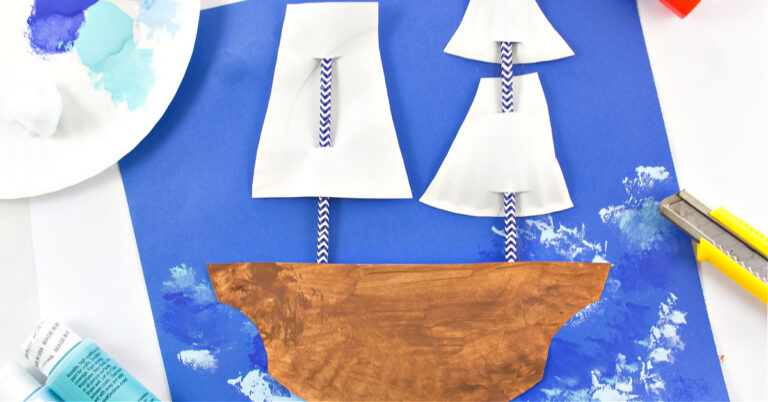 Paper plate Mayflower ship craft with straw masts and paper sails
