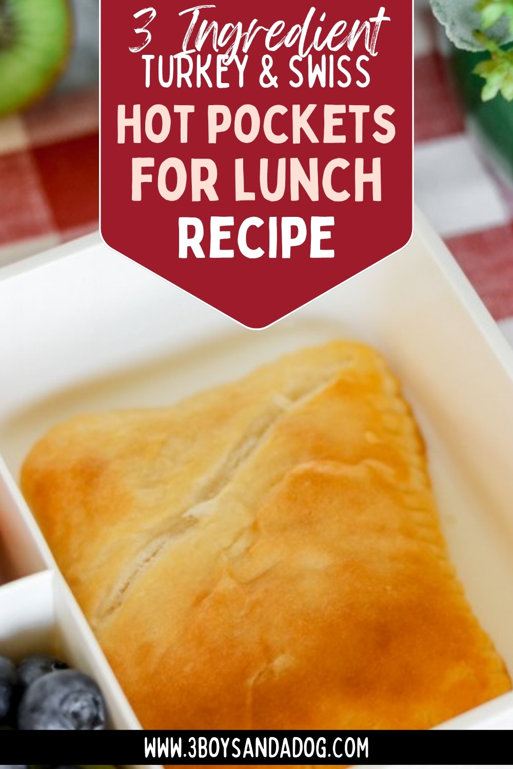 Golden turkey and Swiss hot pocket in a white bento box, with text reading 3 Ingredient Turkey and Swiss Hot Pockets for Lunch Recipe
