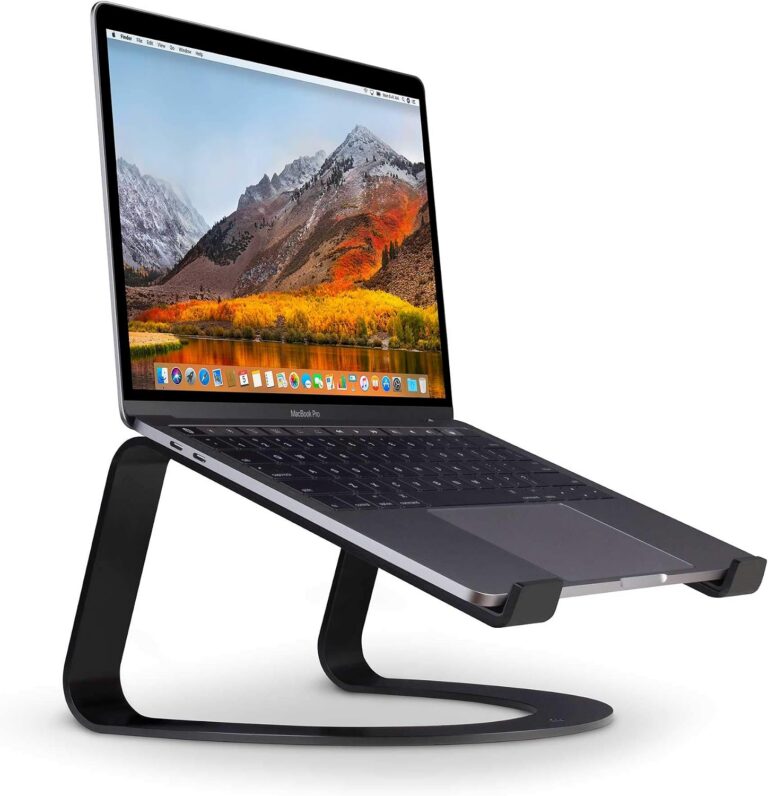 Twelve South Curve laptop stand in matte black holding a MacBook