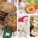 Green Grinch slice and bake cookies with red heart centers next to a plush Grinch. Text reads 25 the best Cookie Exchange.