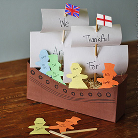Mayflower centerpiece made from a cereal box and craft sticks