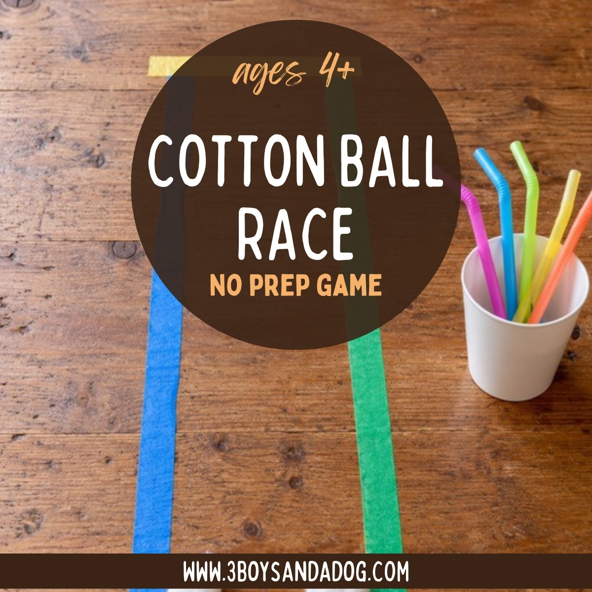 Cotton Ball Race no prep game for ages 4 and up, with tape lanes on a wood table and a cup of bendy straws