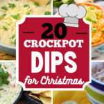 Four cheesy dips including white queso, chicken queso, queso blanco and bacon onion dip around a red box that reads 20 Crockpot Dips for Christmas, find full recipes at 3boysandadog.com
