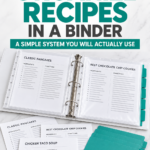 Open three-ring recipe binder with page protectors and teal tabs