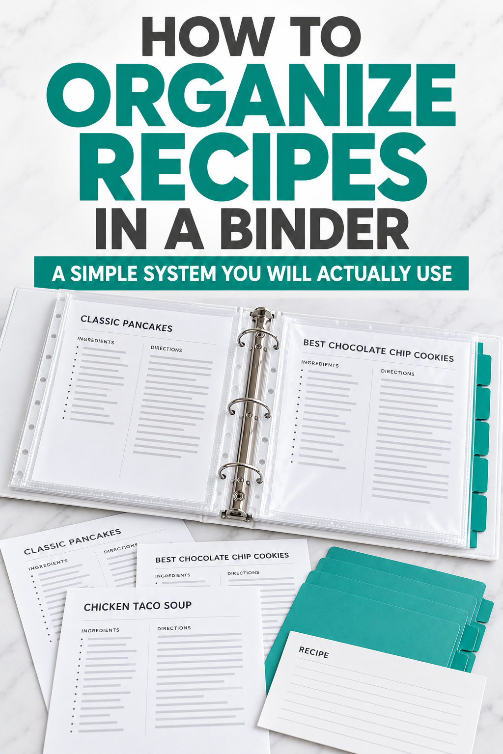 Open three-ring recipe binder with page protectors and teal tabs