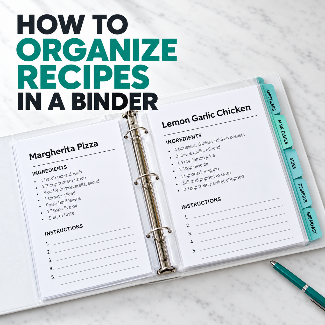 Open recipe binder with page protectors and teal category tabs
