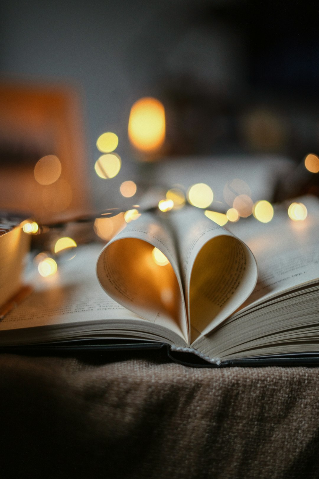 Open book with pages folded into a heart, surrounded by glowing fairy lights
