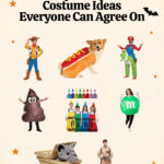 Family Halloween costume ideas everyone can agree on, with Woody, a dog in a hot dog costume, Mario riding Yoshi, a poop emoji, crayons, an M&M, Toto in a basket and a Ghostbuster