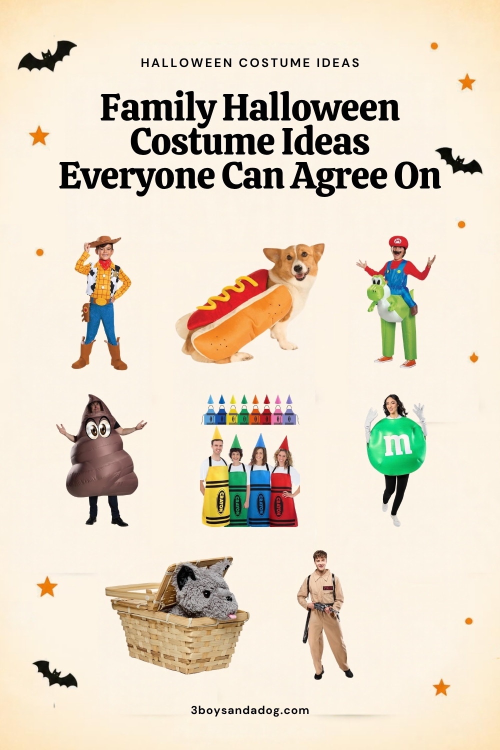 Family Halloween costume ideas everyone can agree on, with Woody, a dog in a hot dog costume, Mario riding Yoshi, a poop emoji, crayons, an M&M, Toto in a basket and a Ghostbuster