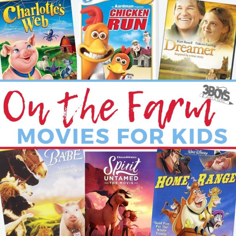 On the Farm Movies for Kids collage with Charlotte’s Web, Chicken Run, Dreamer, Babe, Spirit Untamed and Home on the Range DVD covers